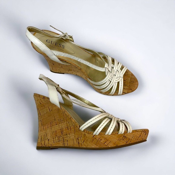 Womens Guess White Platform Sandal 8 Cork Leather 4 Inch Summer Straps Wedge - Picture 3 of 10